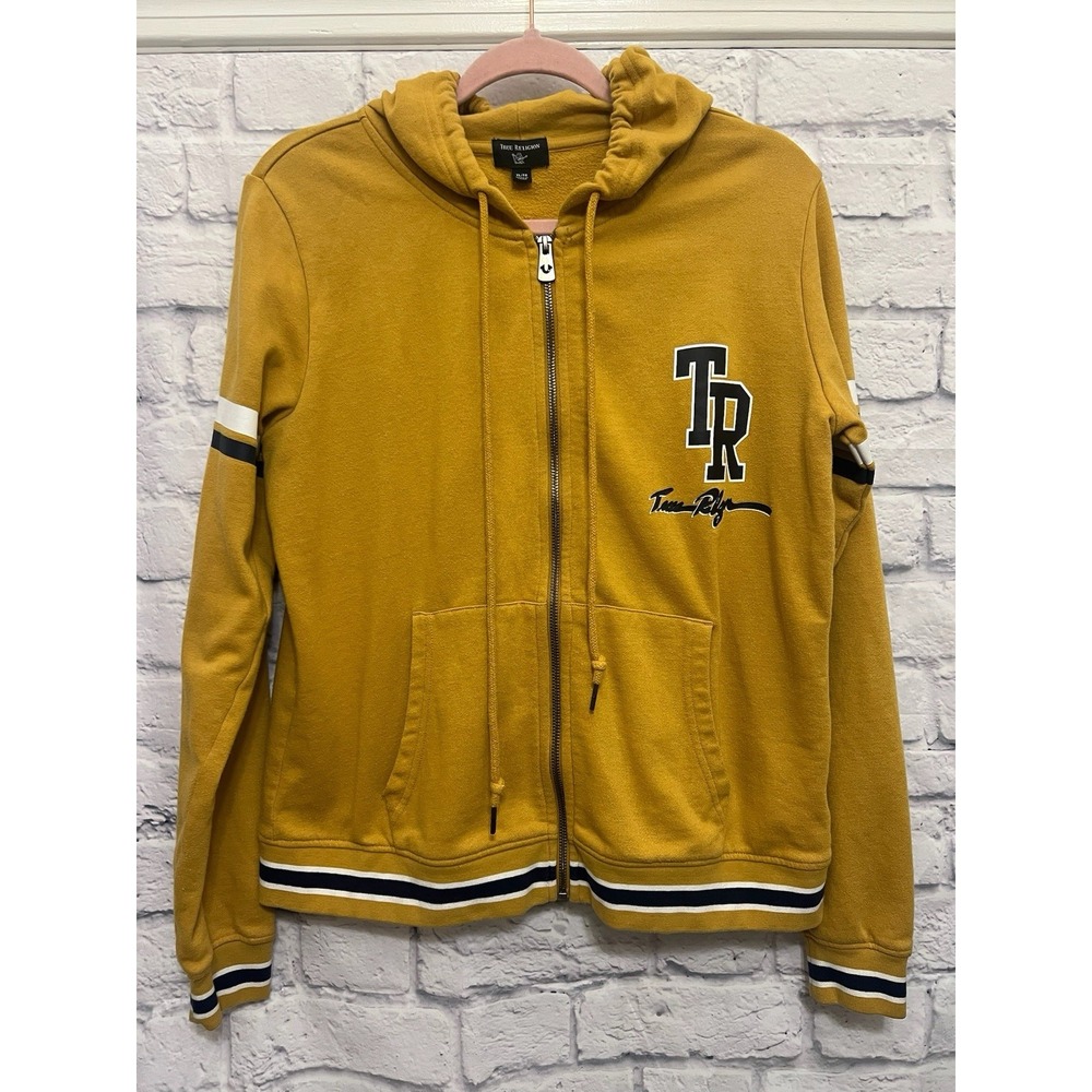 True Religion Womens Hoodie Full Zip Size XL Spellout Striped Yellow Pockets Y2K